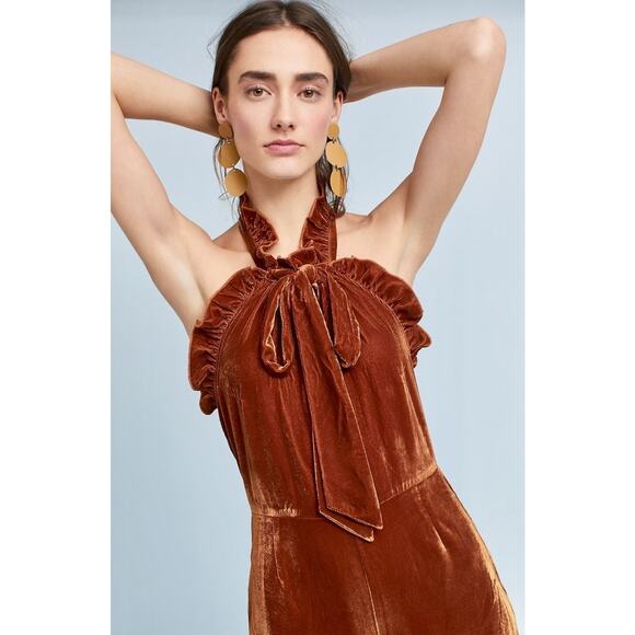 Anthropologie Kristinit Velvet Jumpsuit Rust
Orange Brown Copper Ruffle Halter L - Picture 3 of 12